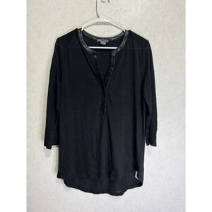 VINCE Women's Linen 3/4 Sleeve Leather Trim V Neck Black Tunic Top SMALL Goth